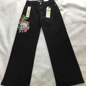 Sky Women's Black Jeans with Colorful Skull Embroidery SZ 7 NWT